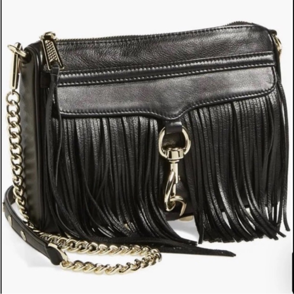 Rebecca Minkoff Fringe Mini Mac Black Leather Crossbody with Silver